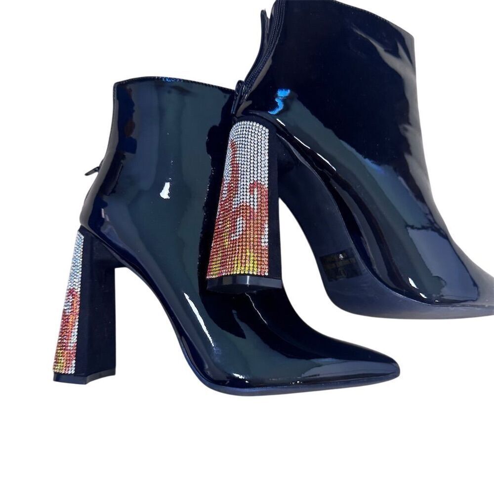 Dolls Kill Black Patent Ankle Boots with Multicolor Rhinestone Flame Heels
